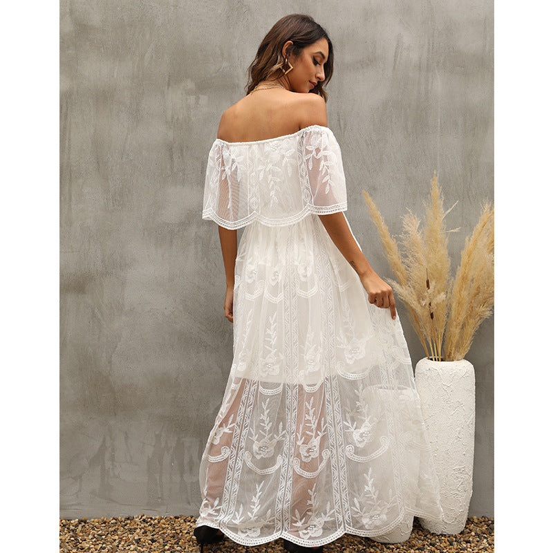 Embroidered Lace Off Shoulder Tiered Maxi Dress