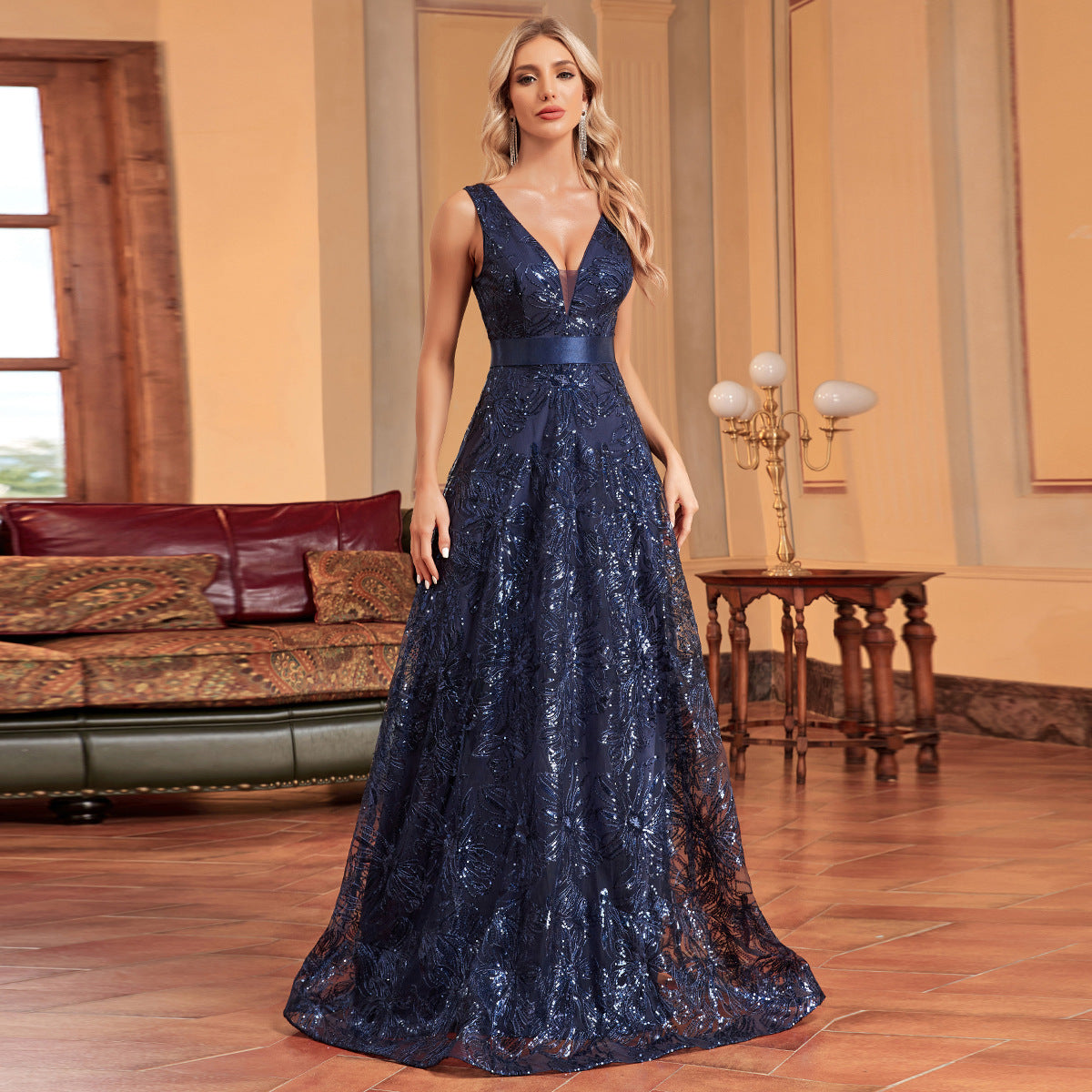 Sequin Deep V-Neck Sleeveless A-Line Maxi Prom Gown
