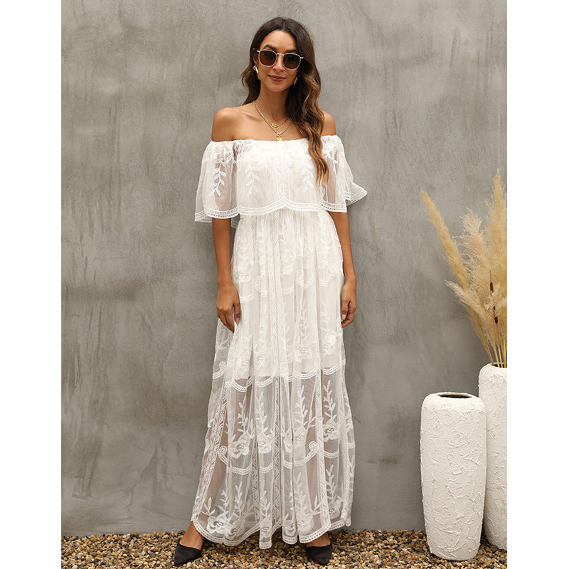 Embroidered Lace Off Shoulder Tiered Maxi Dress