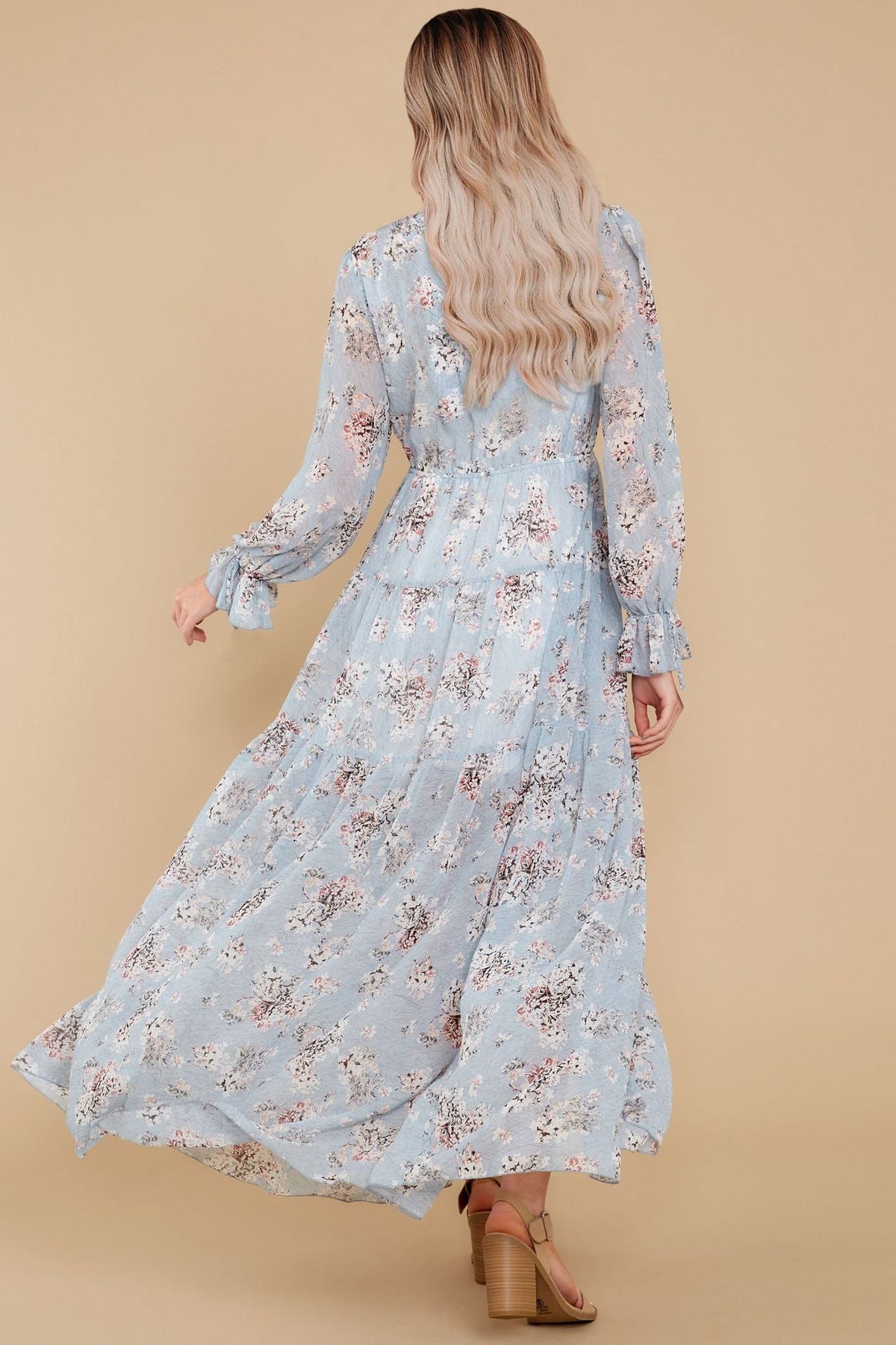 Floral Print V-Neck Long Sleeve Button Front Maxi Dress