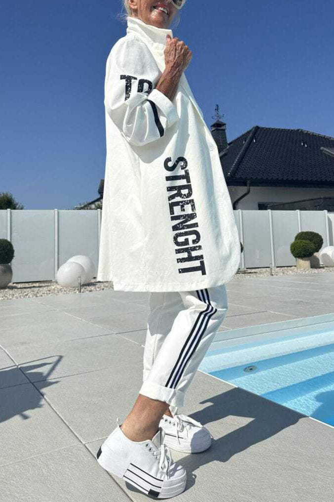 Mid-Length Letter-Printed Trench Coat and Trouser Set