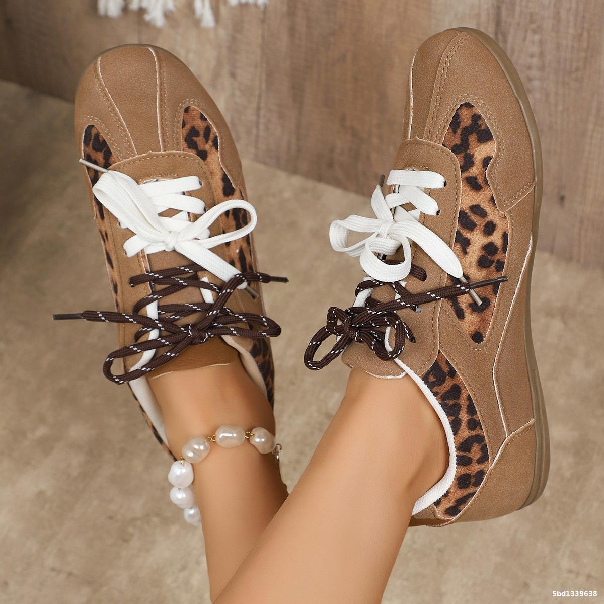 Retro leopard print double lace flat shoes