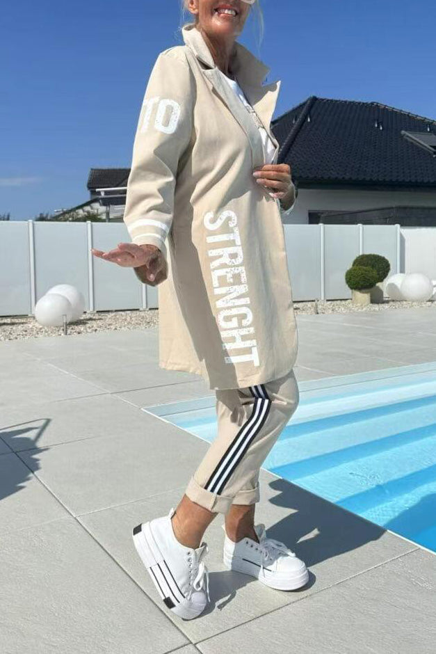 Mid-Length Letter-Printed Trench Coat and Trouser Set