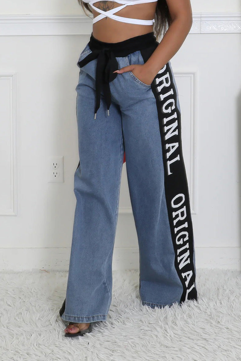 High-waisted Braided belt splicing sides wide leg jeans