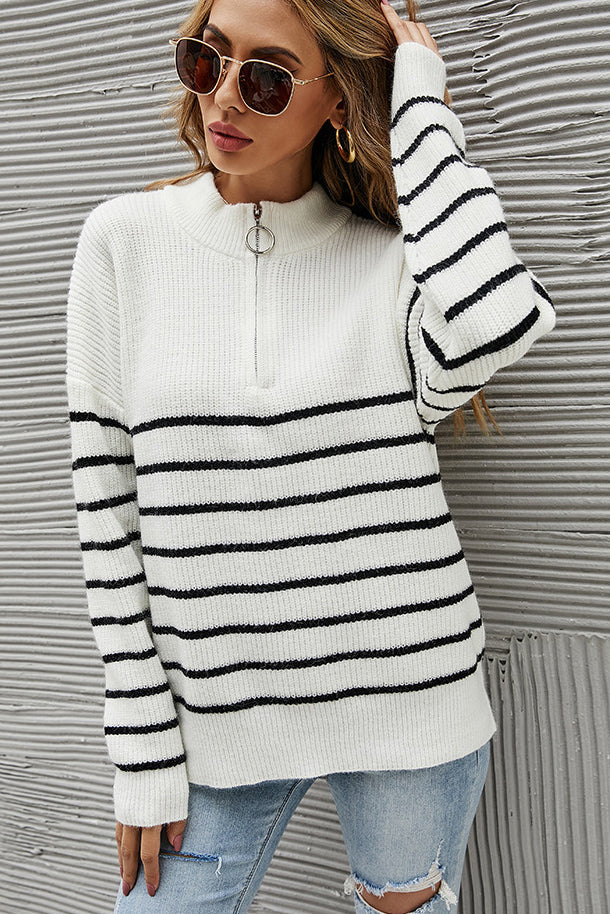 ShoptheCIC Striped Colorblock High Neck Zip Sweater
