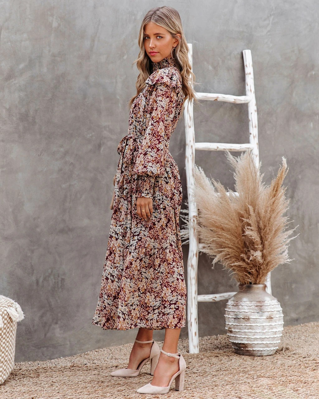 Floral Print High Neck Long Sleeve Tiered Midi Dress