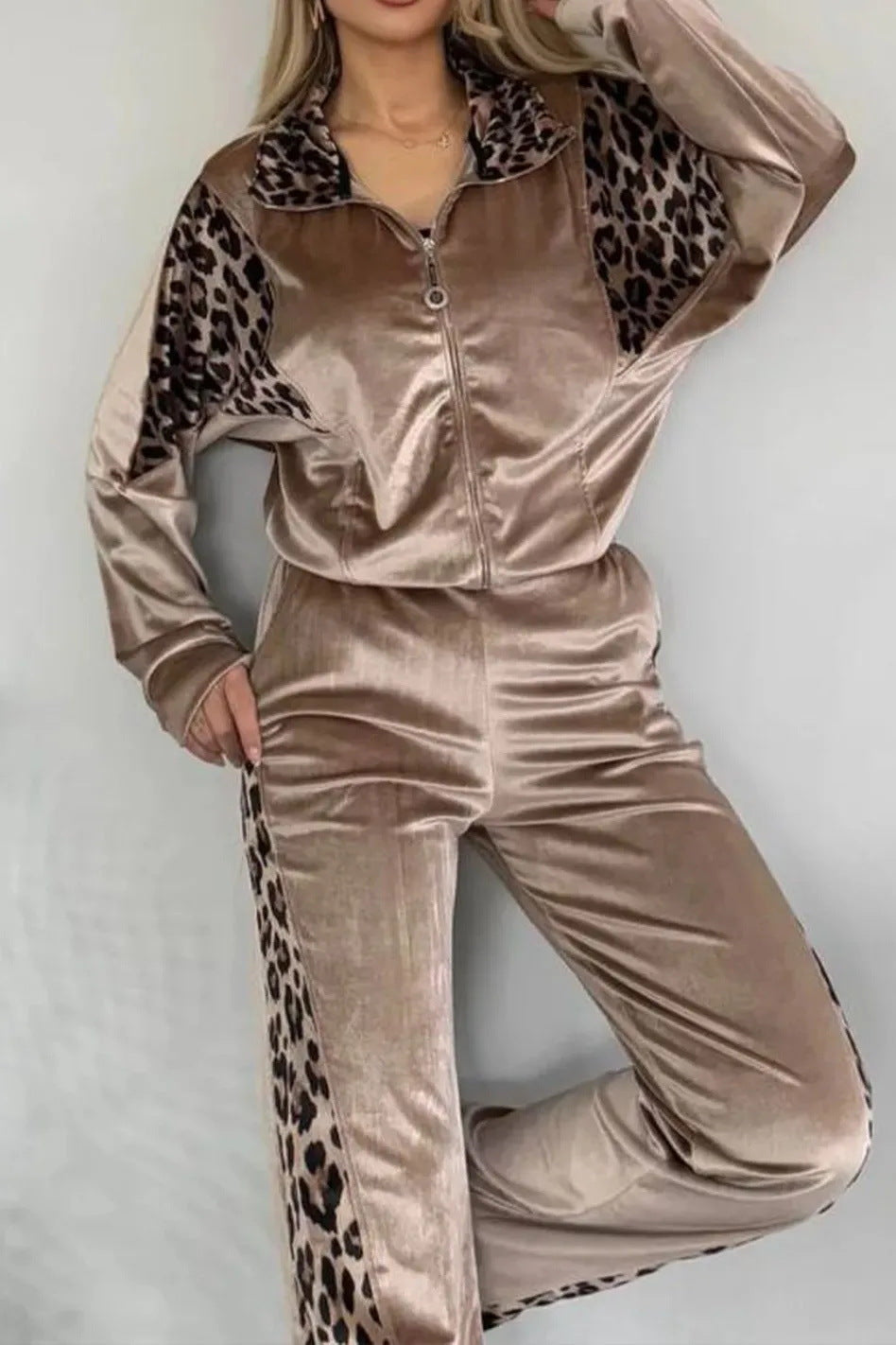 Suede Leopard Print Long Sleeve Jacket and Wide-Leg Pants Set