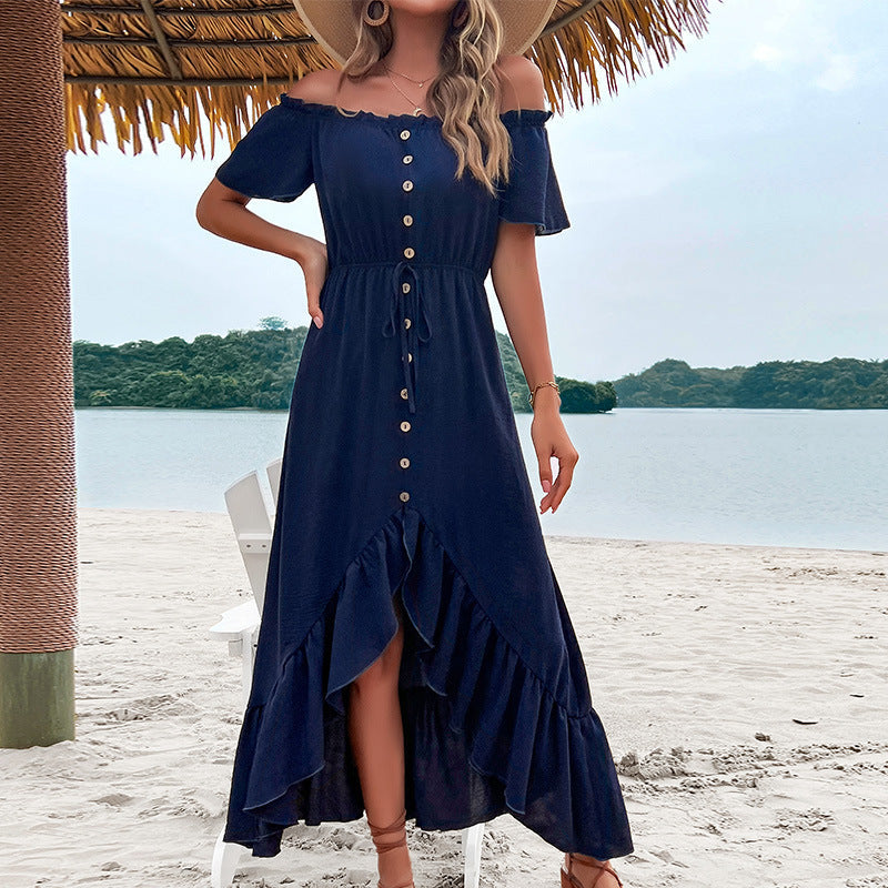Off Shoulder Short Sleeve Button Front Ruffle Maxi Dress