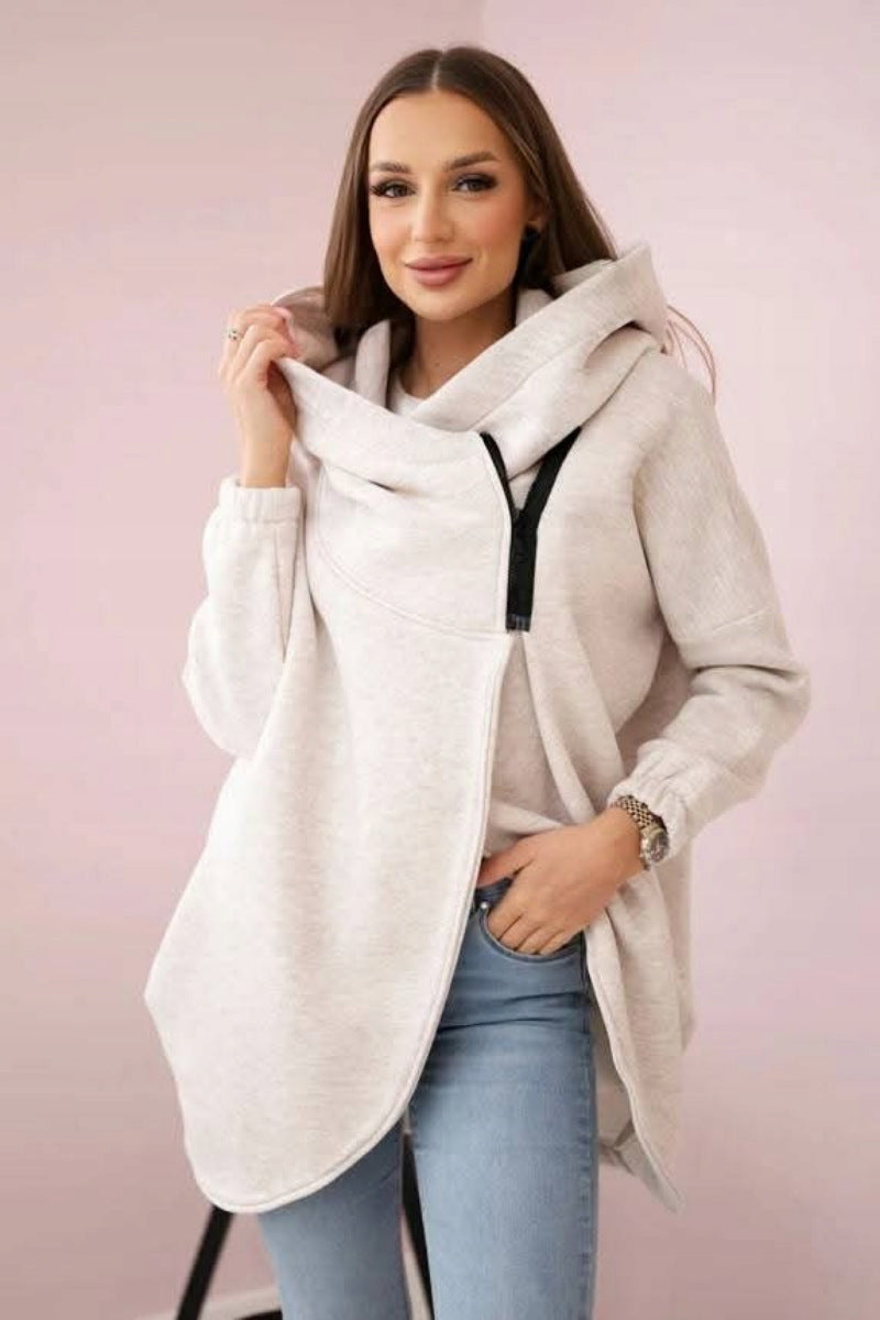 Chic Asymmetric Zip-Up Hooded Fleece Sweatshirt Coat