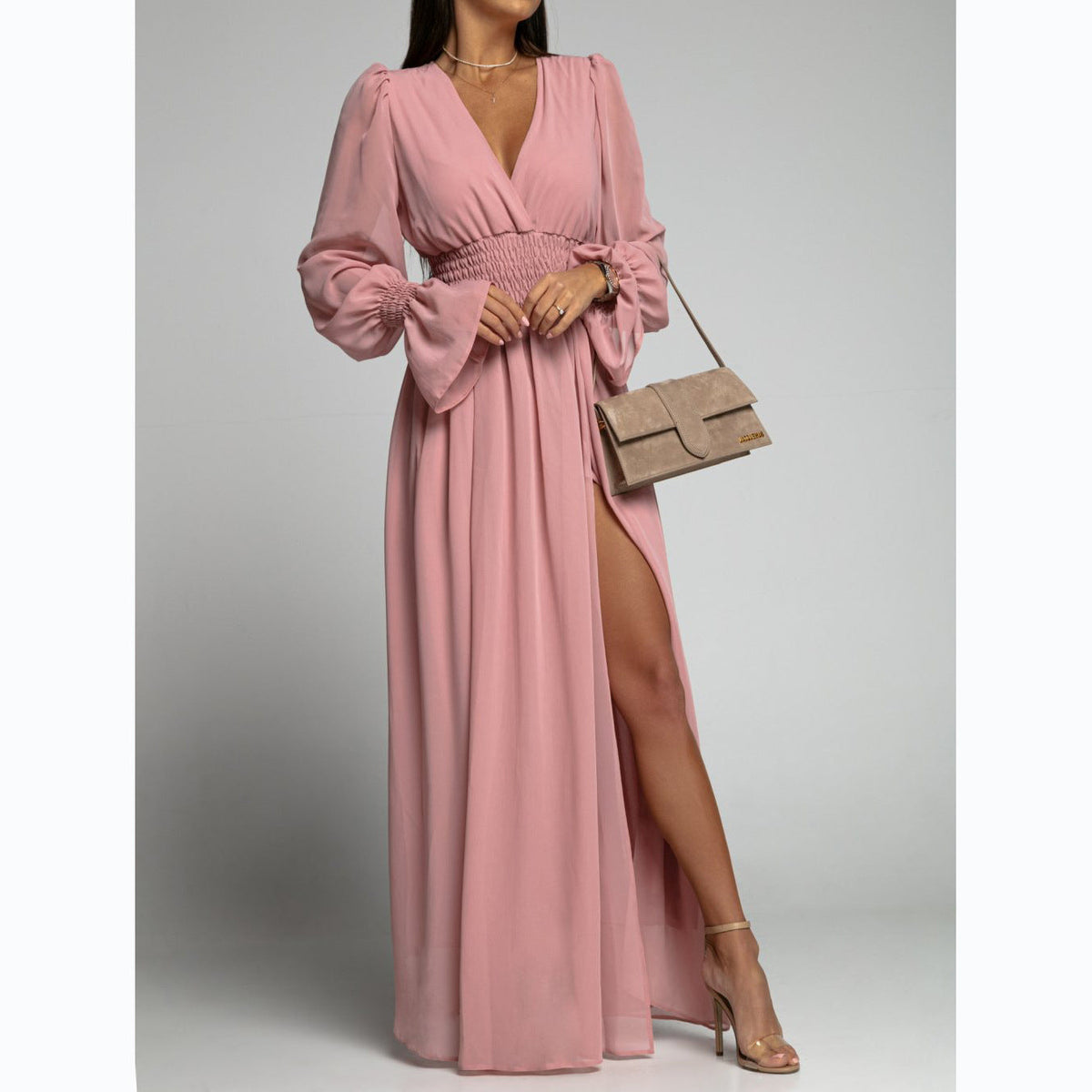 Chiffon Deep V-Neck Puff Sleeve Bell Cuff Smocked Maxi Dress - View 4