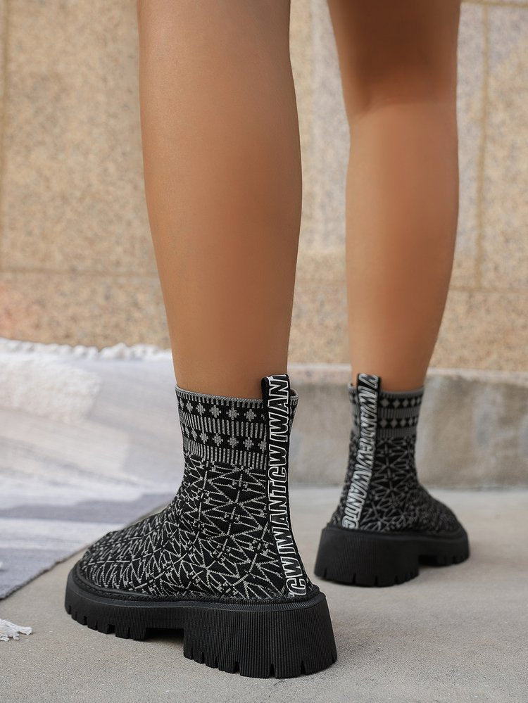 Geometric pattern flyknit stretch high-top chimney boots