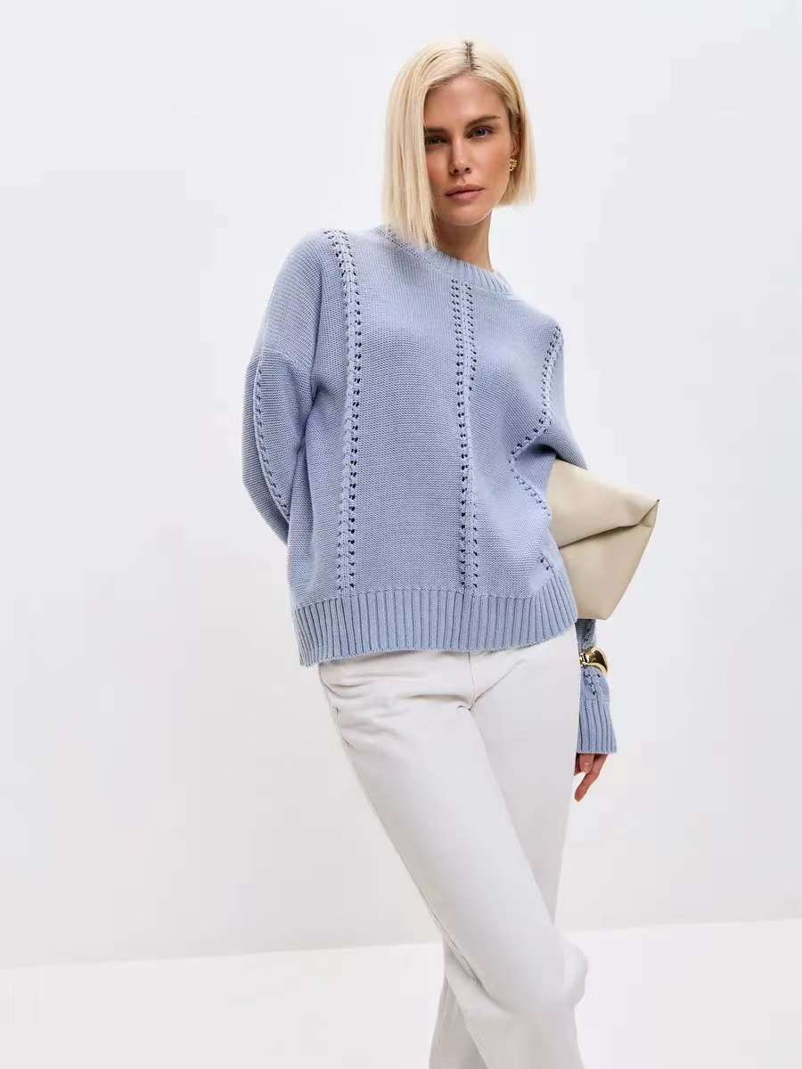 Hollow Knit Crewneck Sweater for Effortless Style and Comfort