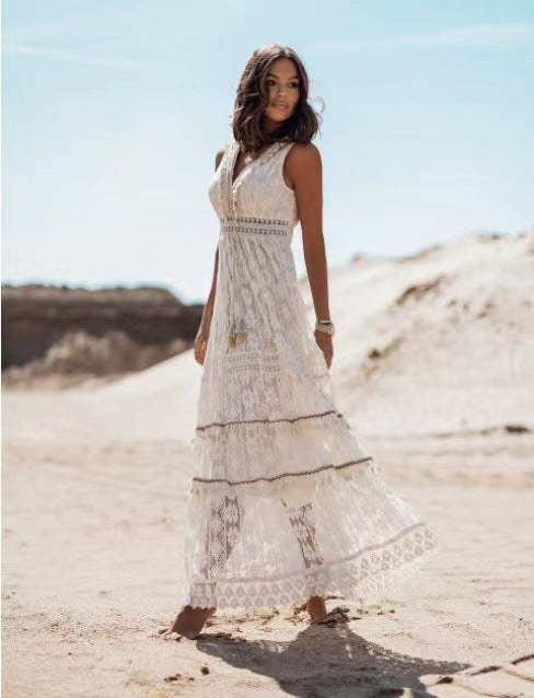 Lace Sleeveless V-Neck Lace Up Bust Crochet Waist Midi Dress - View 6