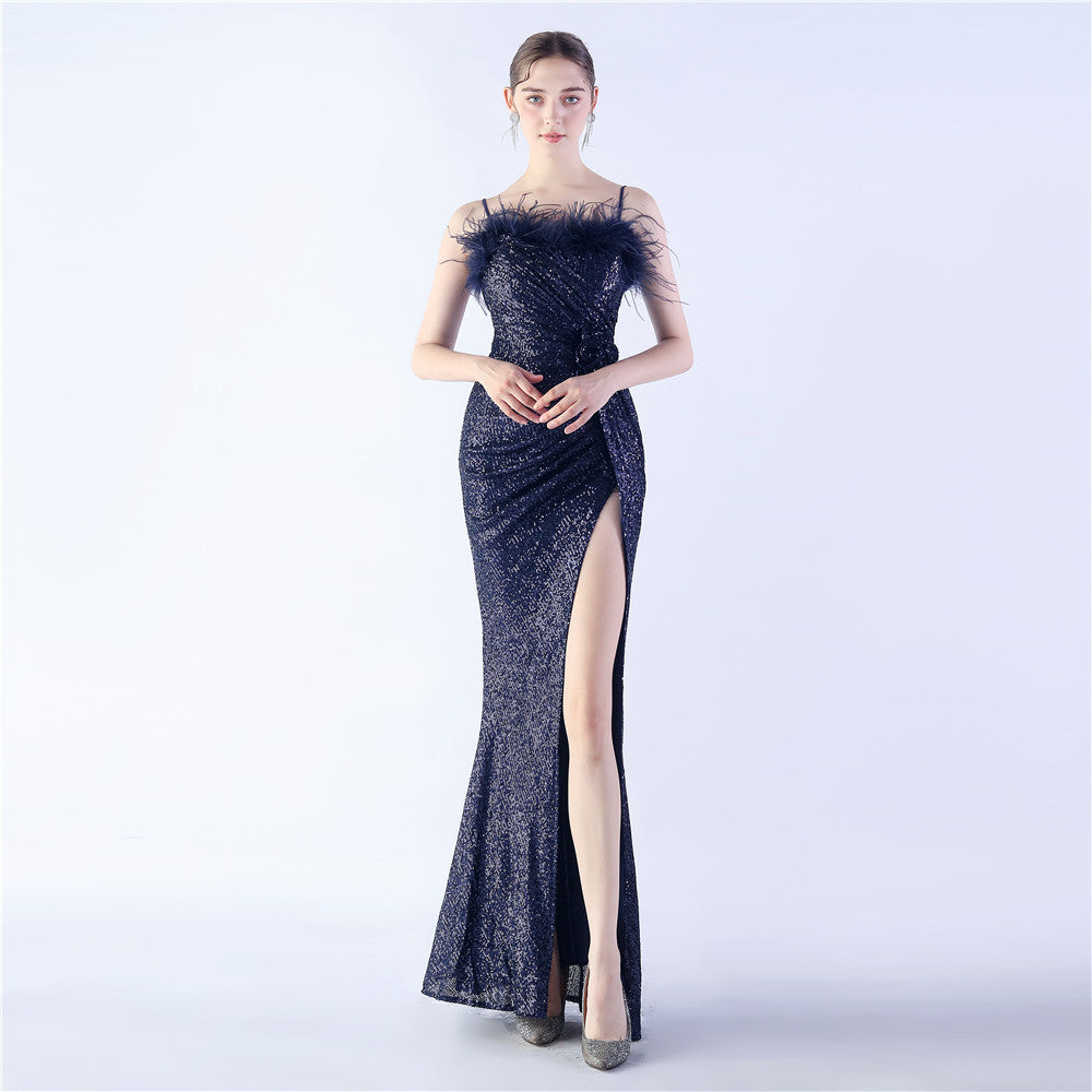 Sequin Spaghetti Strap Feather Trim High Split Mermaid Gown - View 9