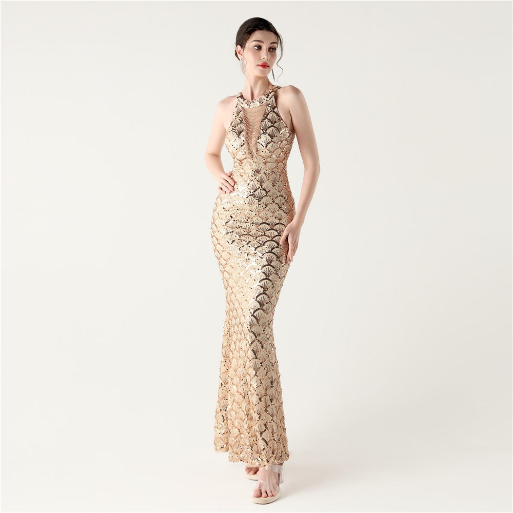 Sequin Halter Neck Backless Mermaid Maxi Evening Gown - View 6