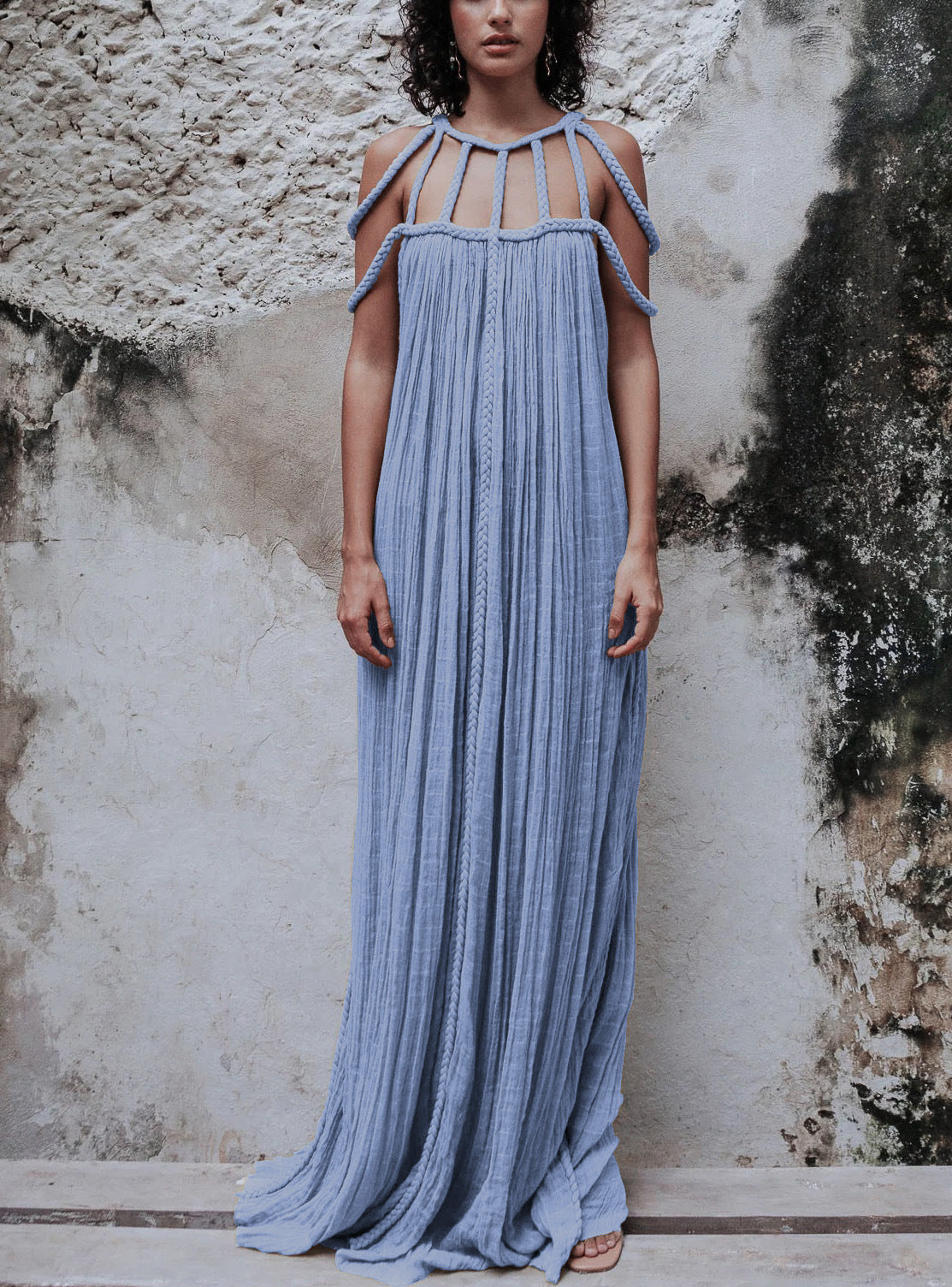 Drawstring Straps Shoulder Mesh Maxi Dress