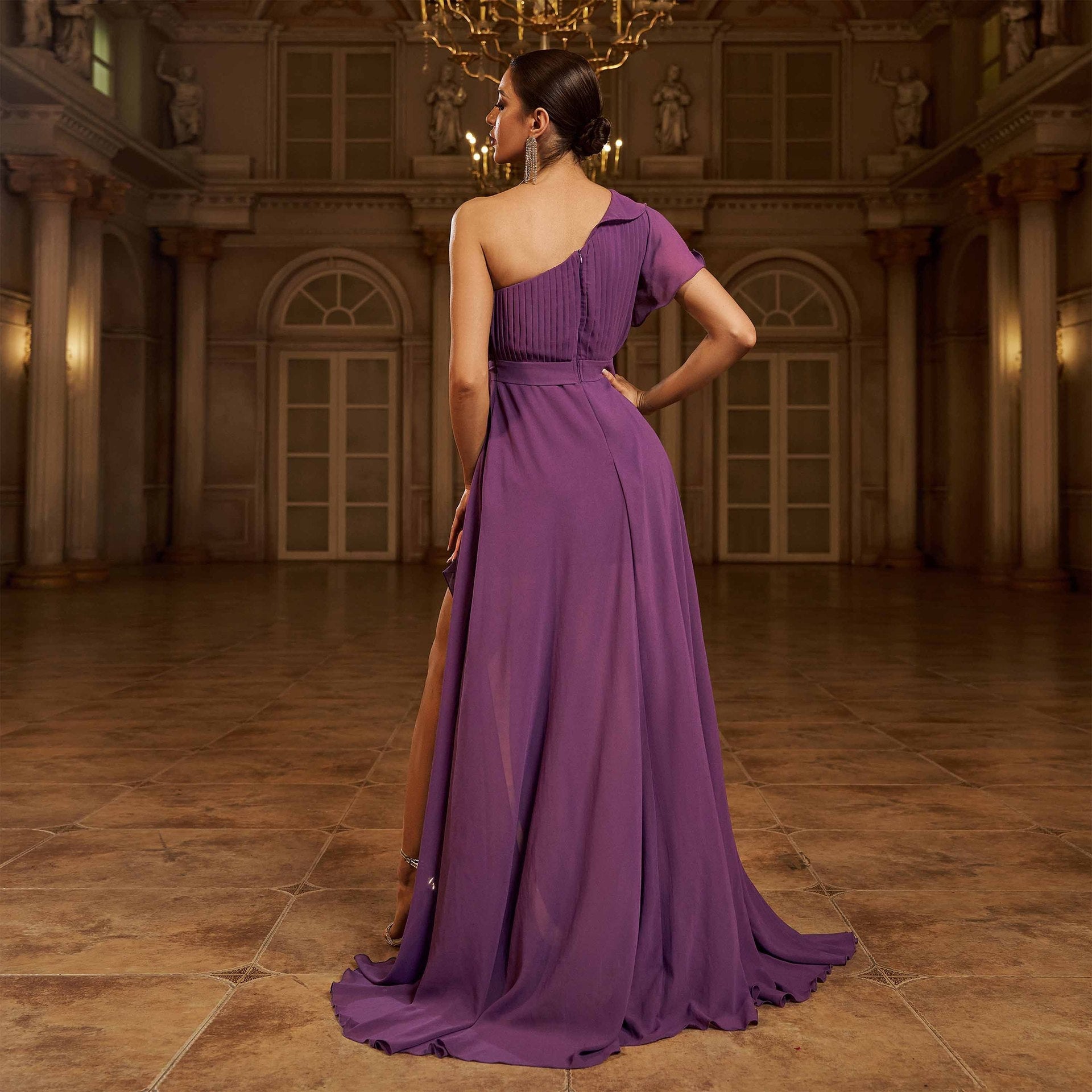 Chamfer neck chiffon lace dinner party dress