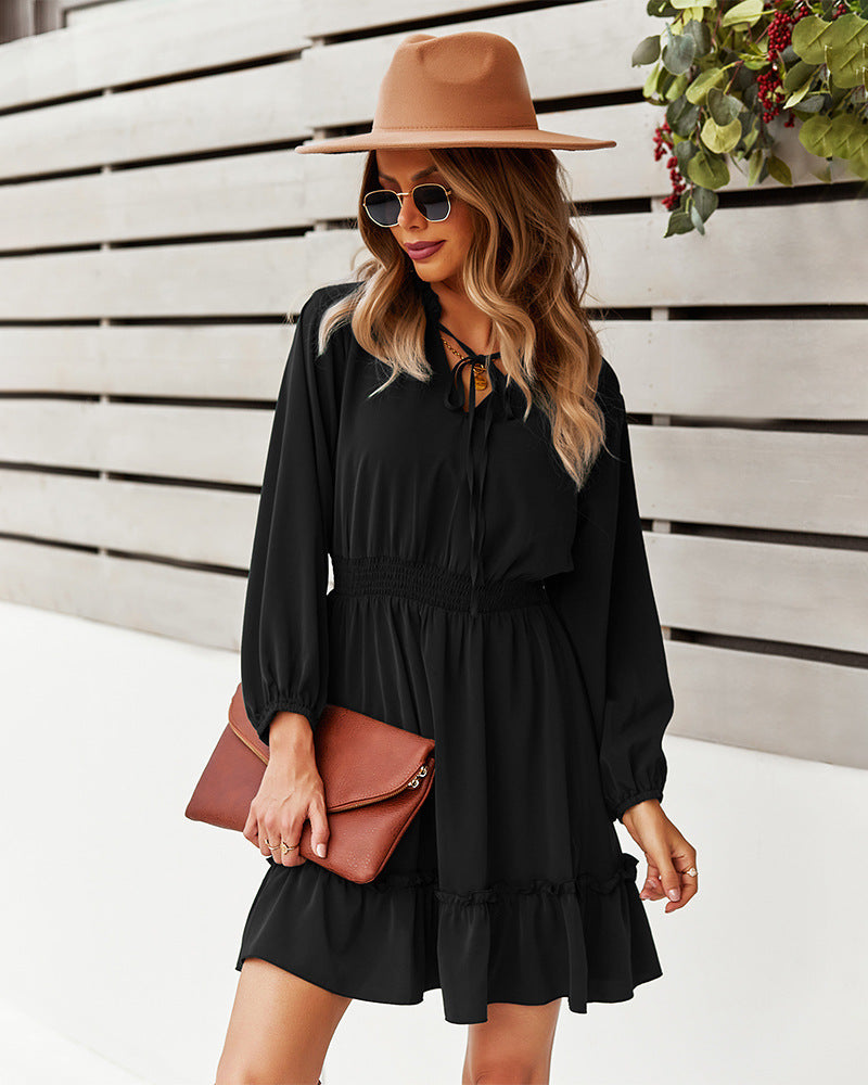 Chiffon Tie Neck Long Sleeve Ruffle Hem Mini Dress