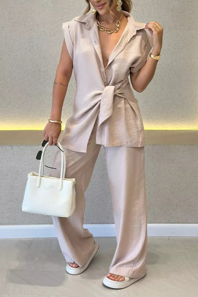 Tie-waist short-sleeved shirt and high-waisted pants two-piece set