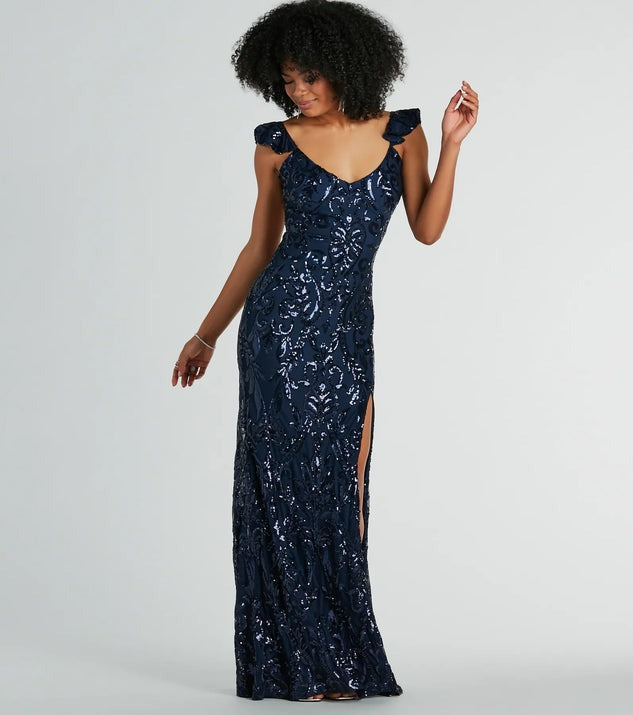 Sequin V-Neck Flutter Strap High Split Bodycon Maxi Gown - View 4