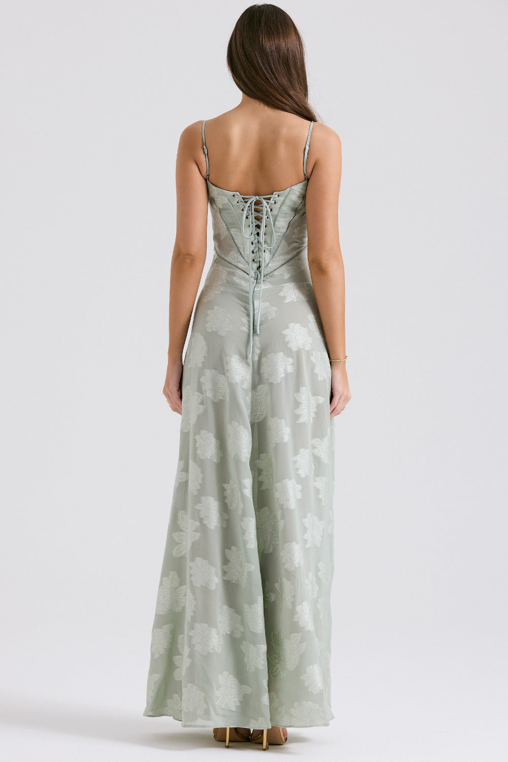 Floral Jacquard Cowl Neck Lace Up Slip Maxi Dress 17