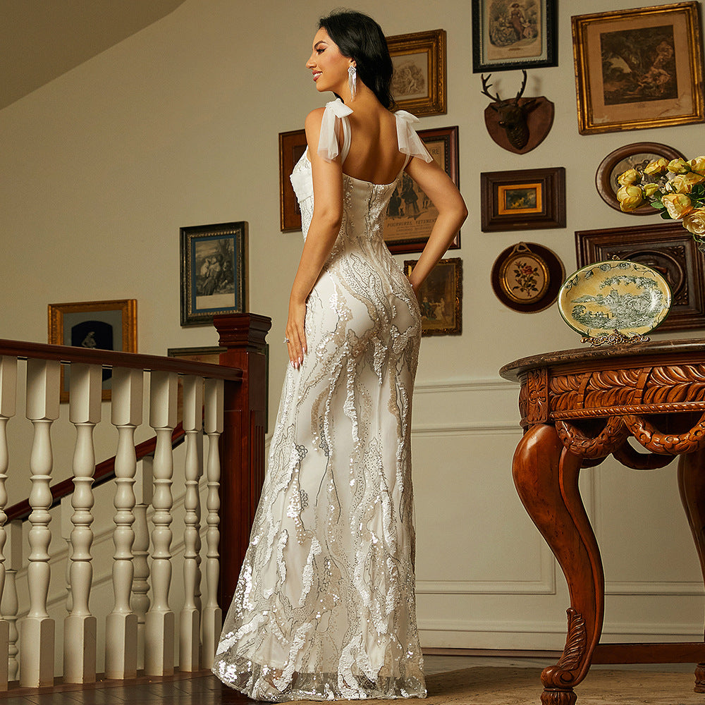 Sleeveless Elegant Long Sequined off Neck Backless Evening Dress Bridesmaid Dress Sequin Tie - Fashionpara