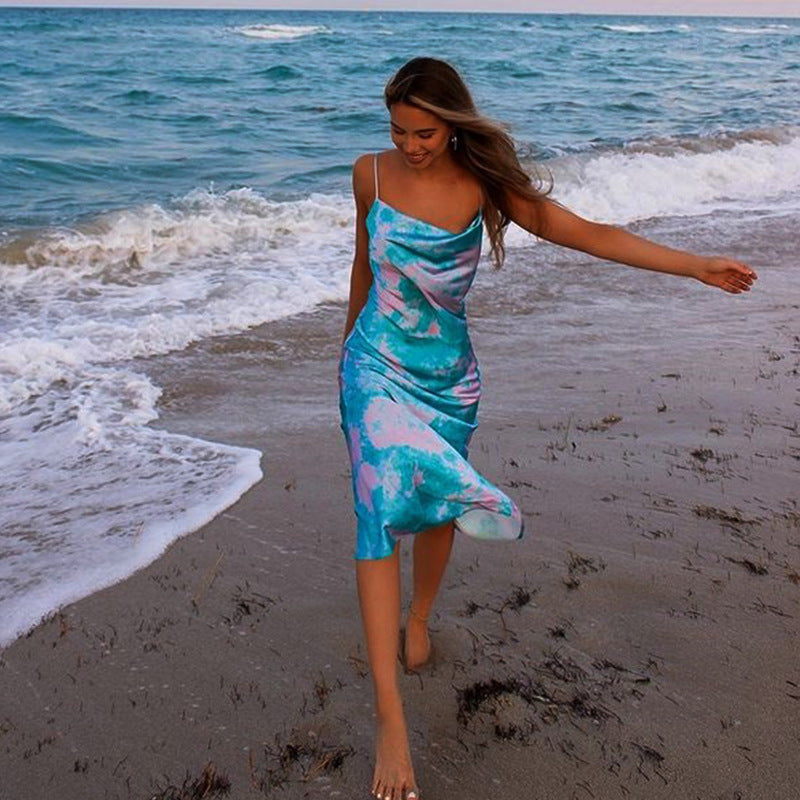 Tie Dye Cowl Neck Spaghetti Strap Ruffle Midi Dress 3