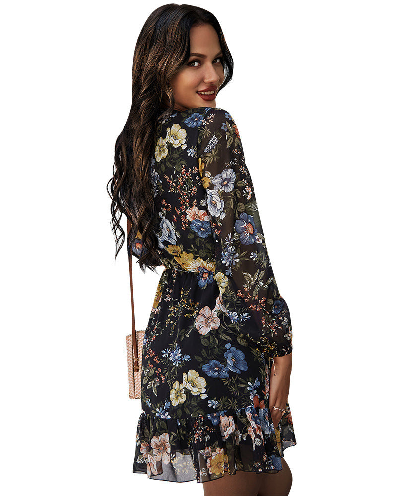 Floral Print V-Neck Long Sleeve Wrap Ruffle Mini Dress 2