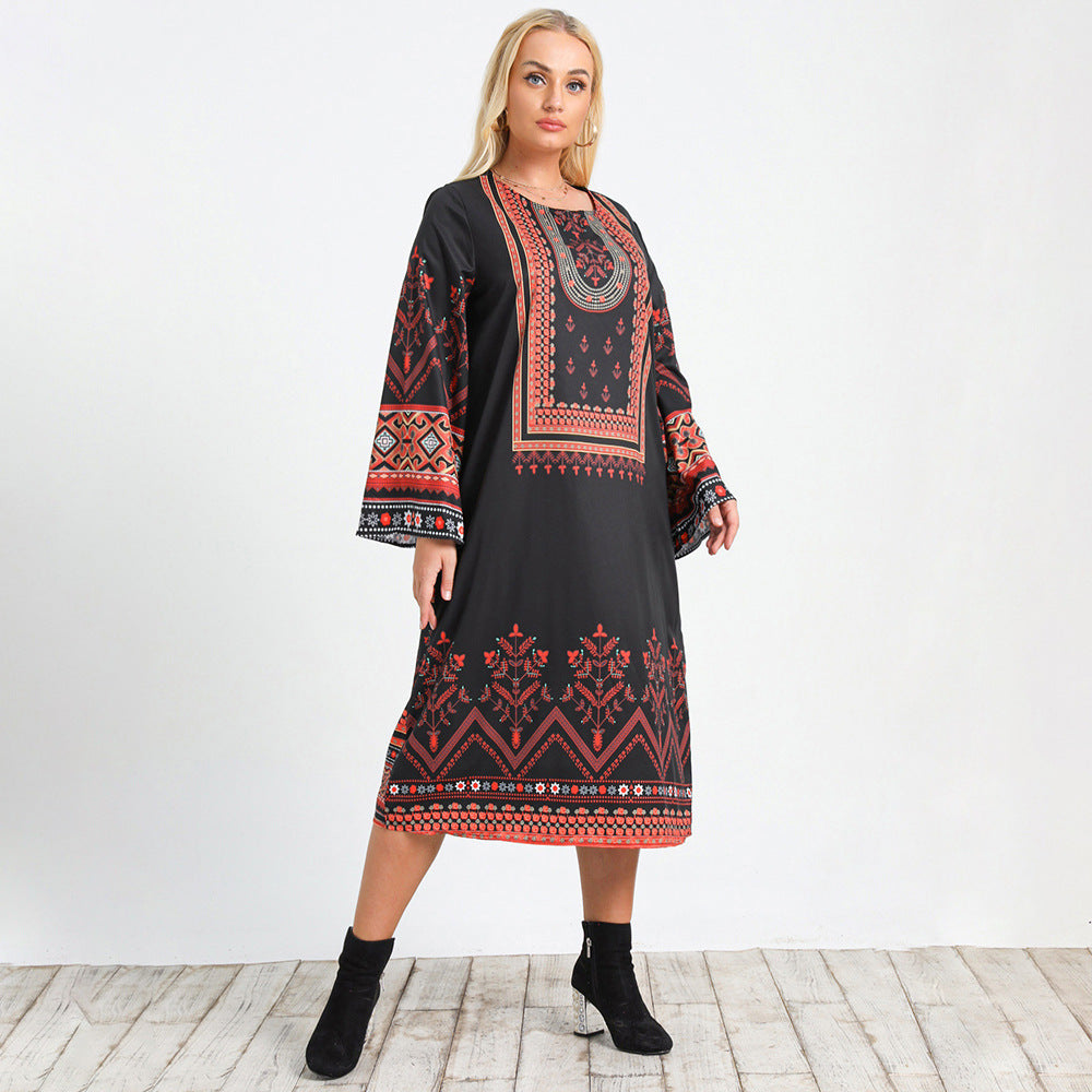 Boho Print Crew Neck Long Sleeve Shift Midi Dress