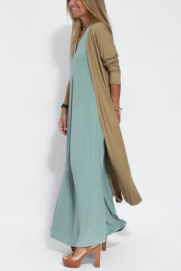 Sleeveless V-neck Elegant Long Dress with Matching Cardigan
