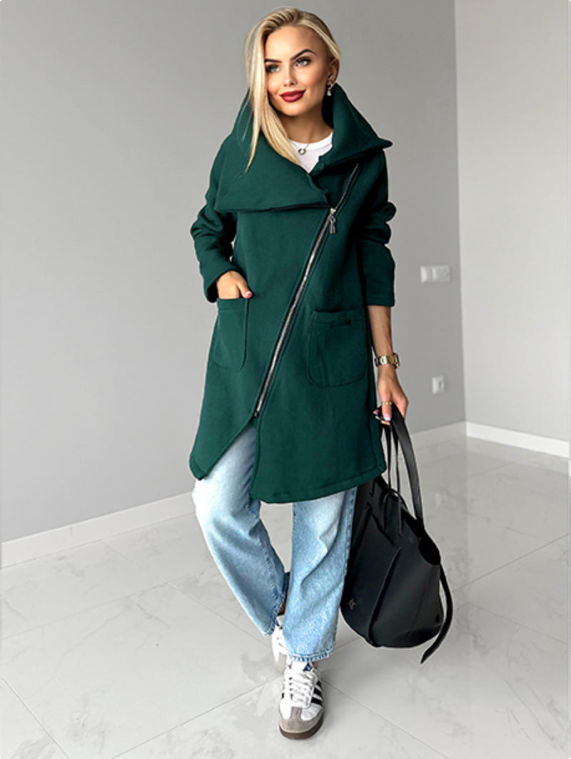 Lapel Mid-Length Fleece Jacket with Oblique Zipper Design