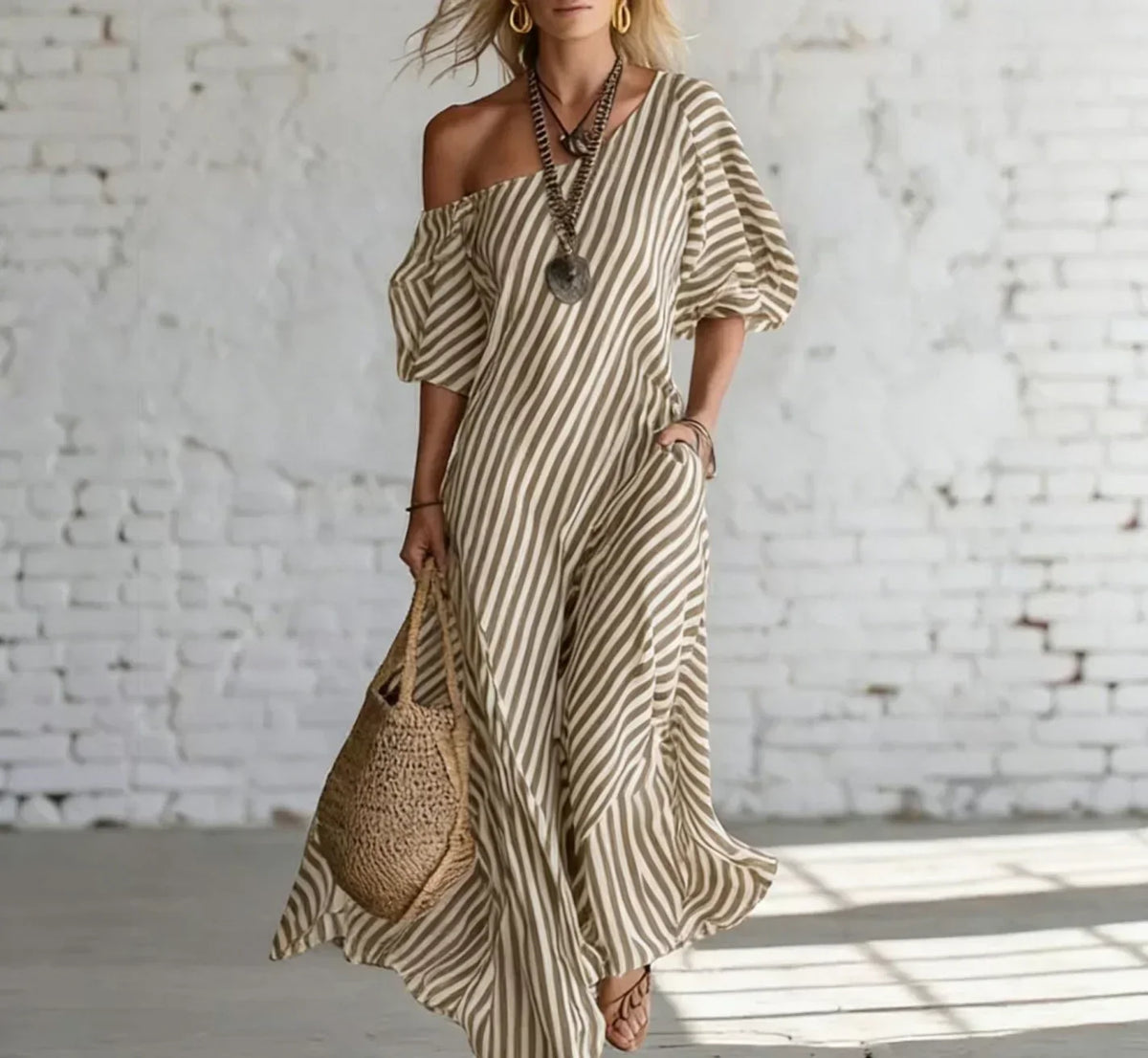 Striped One Shoulder Puff Sleeve Maxi Dress 3