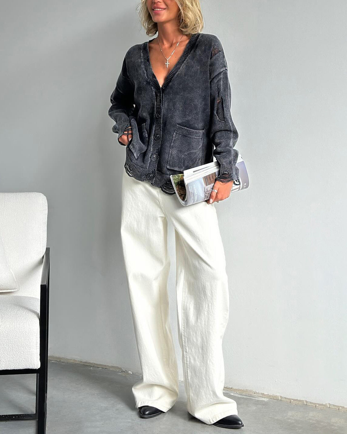 Cozy Distressed V-Neck Wool Cardigan for Effortless Style