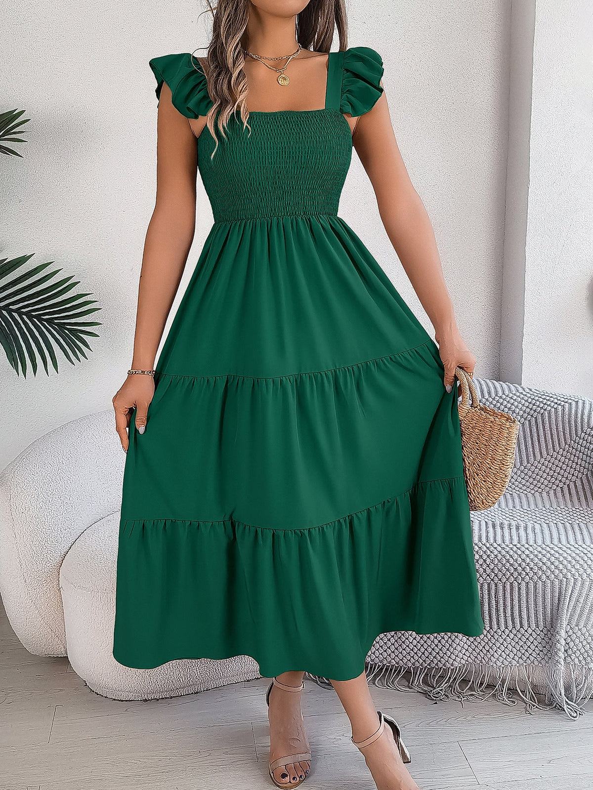 Smocked Square Neck Flutter-Sleeve Tiered Midi Dress 4