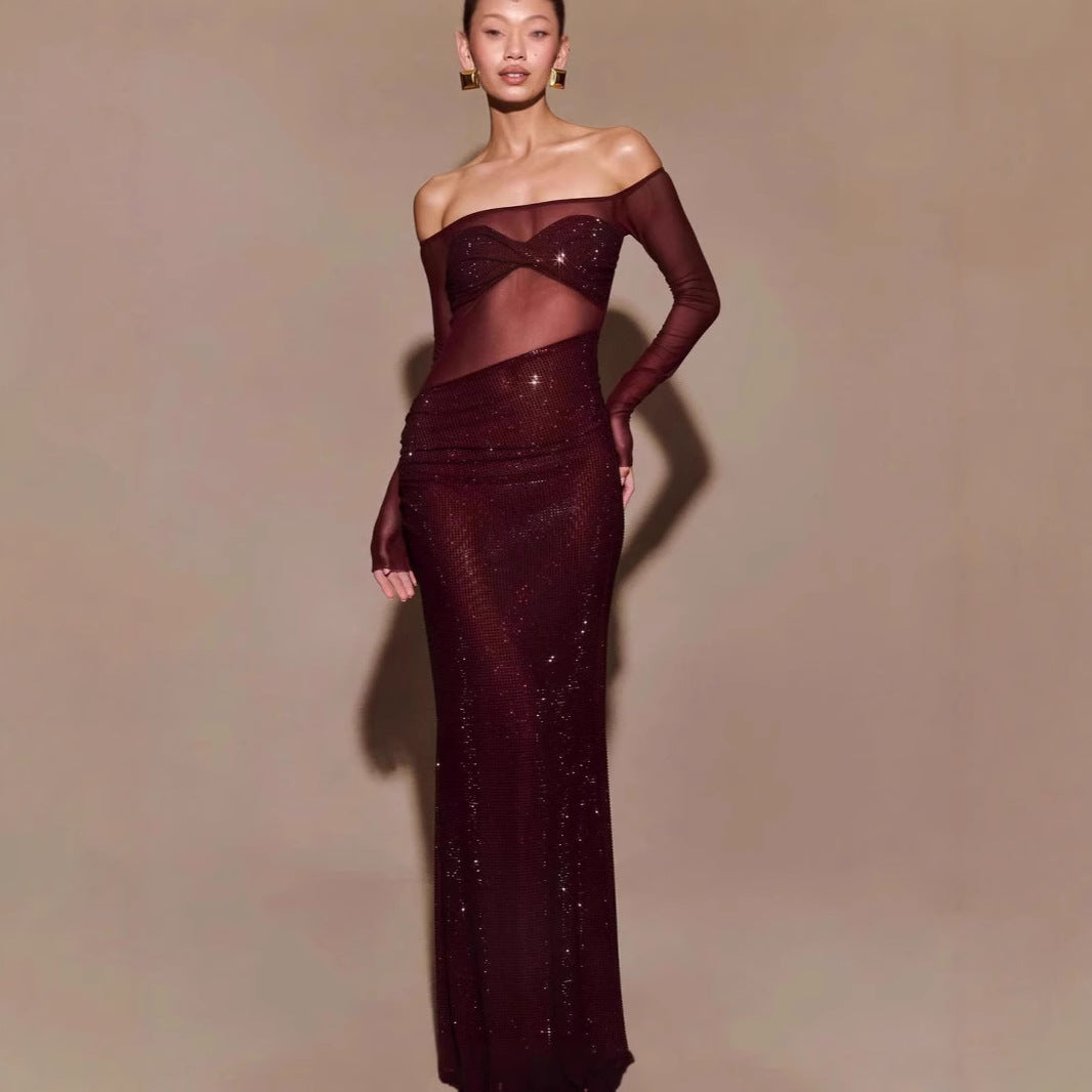Chic One-Shoulder Rhinestone Fitted Prom Dress gray / XS promdress-250223