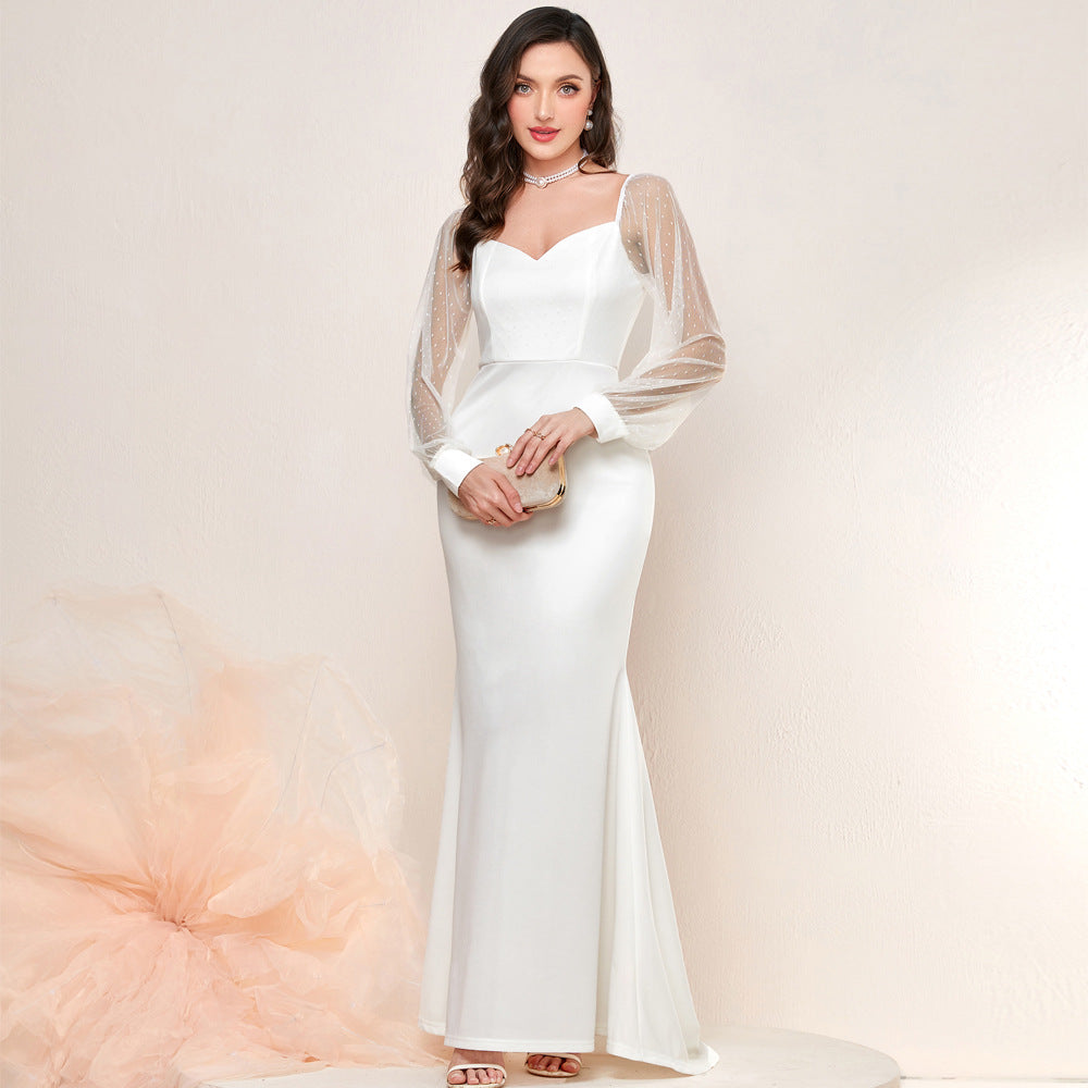 Swiss Dot Mesh Puff Sleeve Sweetheart Mermaid Maxi Gown - View 4