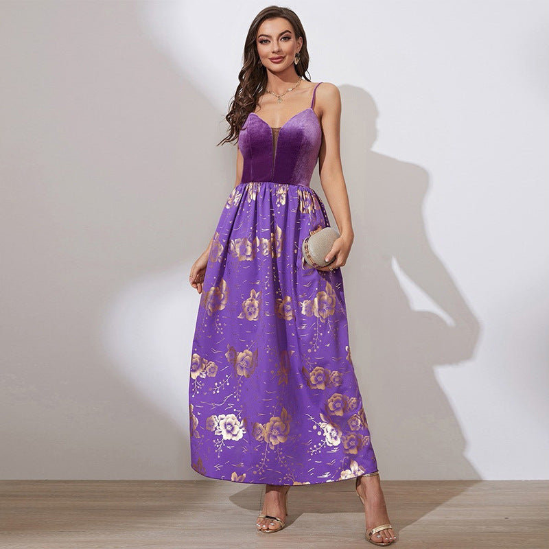 Velvet Spaghetti Strap Mesh Plunge Floral Print A-Line Maxi Dress