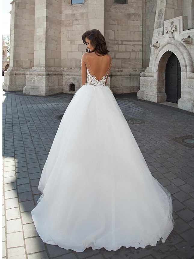 Off-Shoulder V-Neck Sheer Wedding Dress