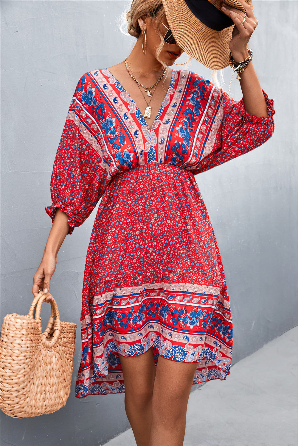Floral Print V-Neck Puff Sleeve Mini Dress