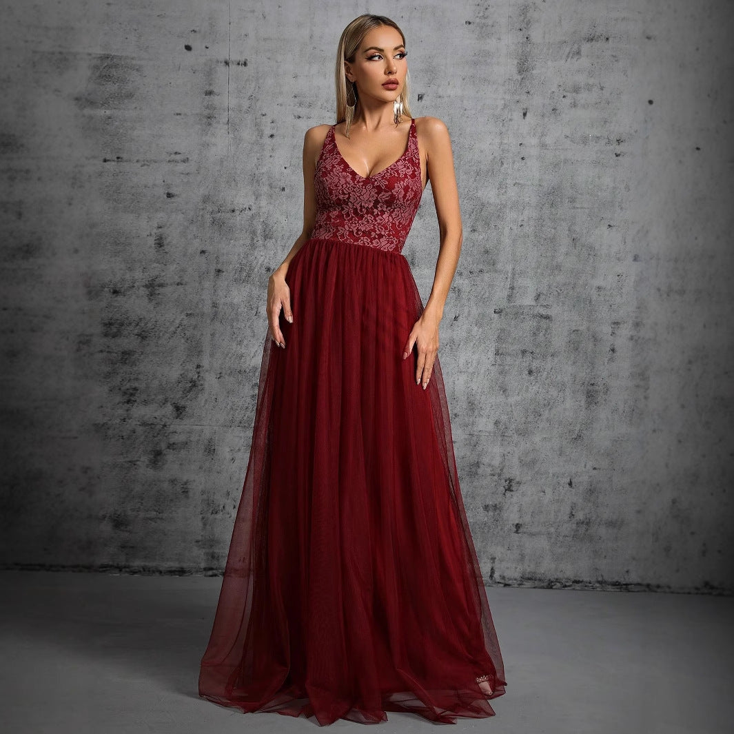 Elegant Suspender Evening Dress V neck A line Long Party Evening Dress Annual Meeting Catwalk Dress - Fashionpara