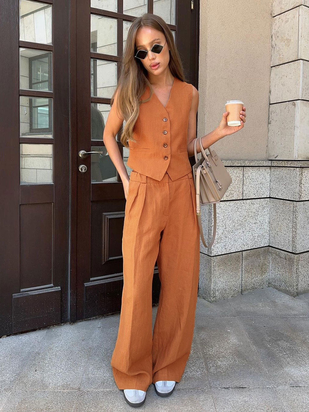 Button Vest Relaxed Low Rise Pants Set