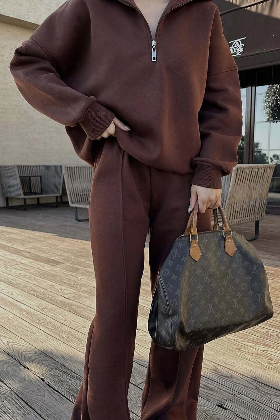 Thrifted Vibes Half-Open Pullover and Pants Set for Comfort