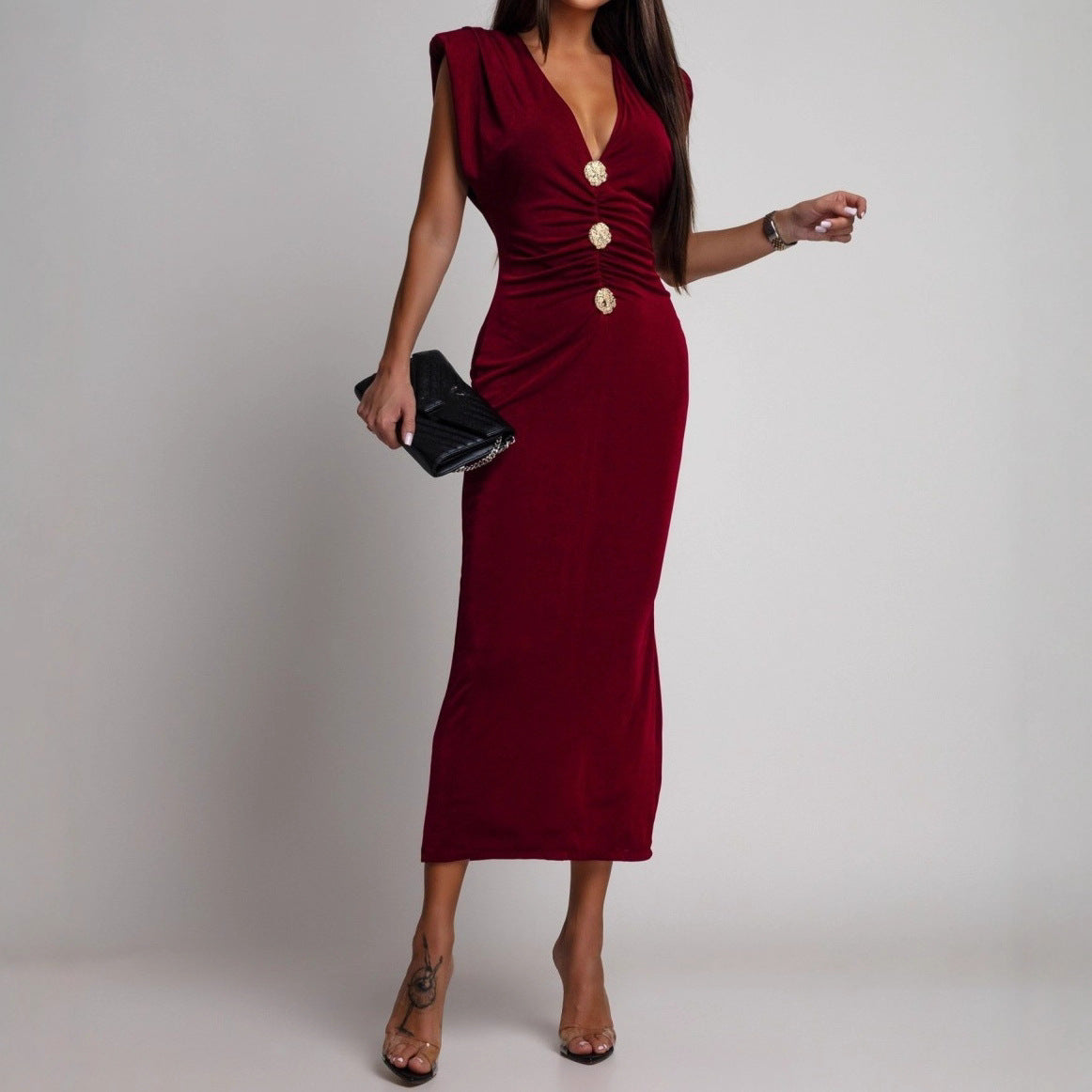 Deep V-Neck Button Front Ruched Bodycon Midi Dress