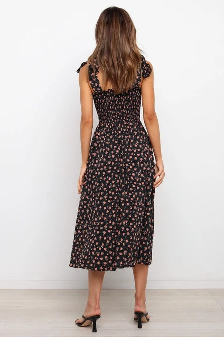 Ditsy Floral Square Neck Smocked Ruffle Strap Midi Dress