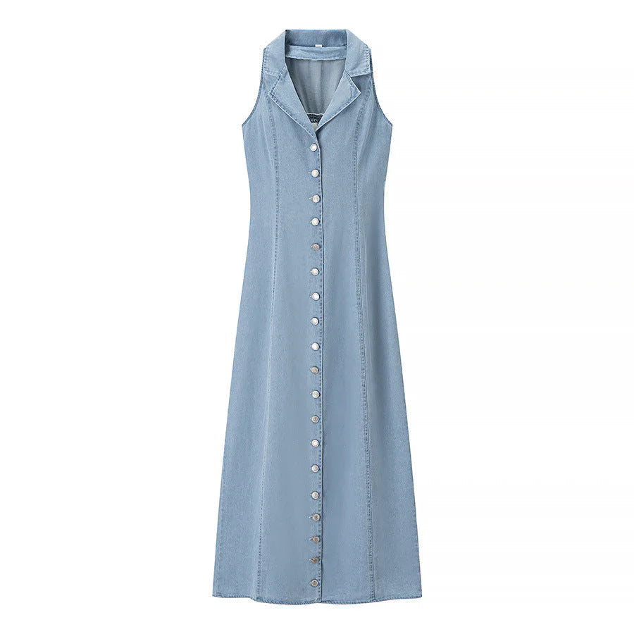 Deep V-Neck Sleeveless Button Down High Split Denim Maxi Dress 5