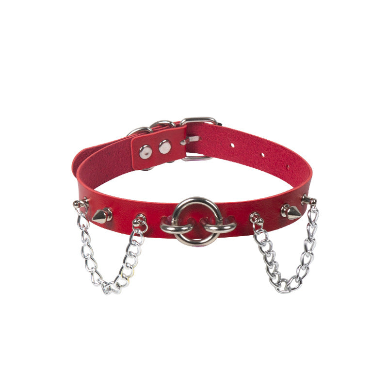Personality O-Ring Rivet Chain Punk Leather Gothic Necklace Red Halloween