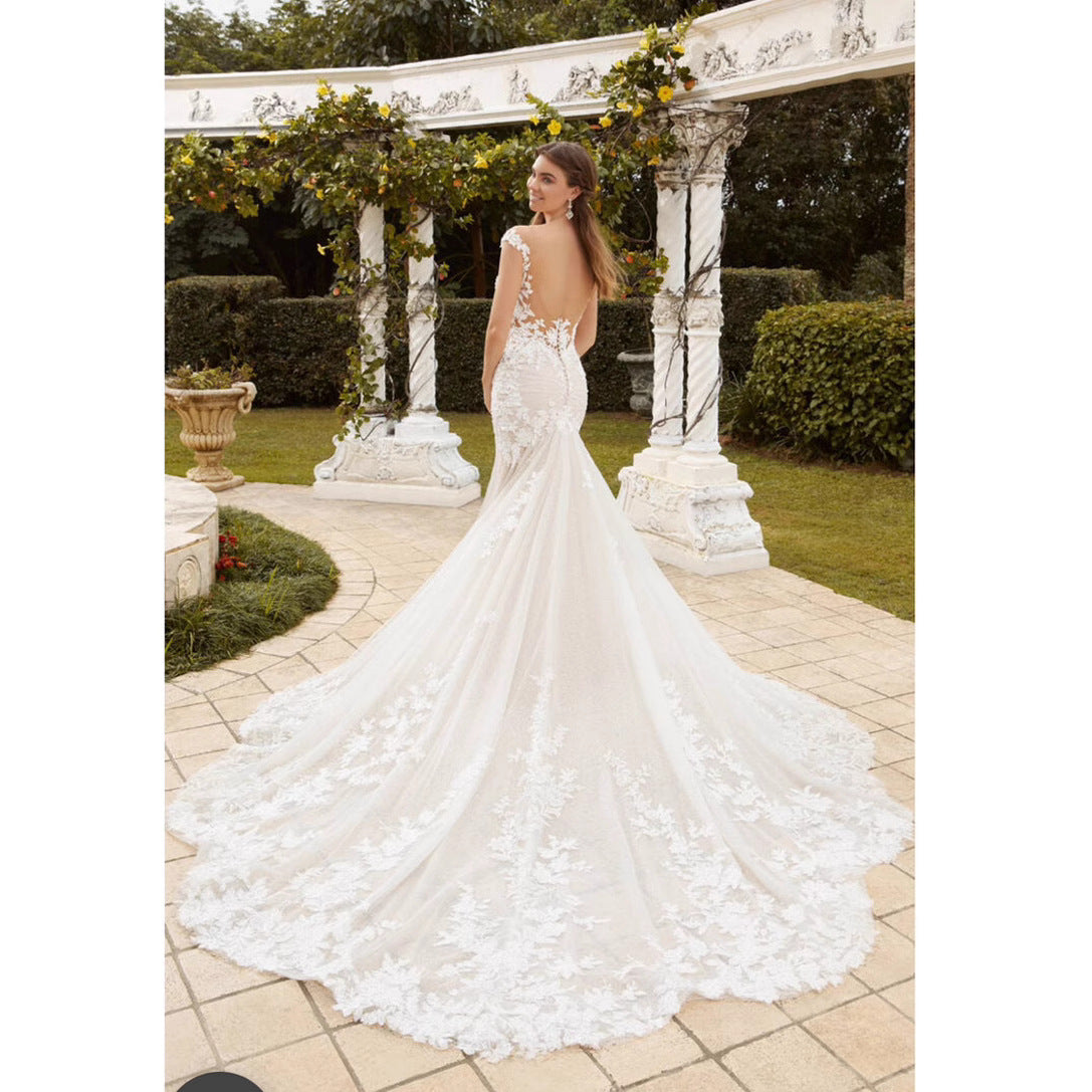 Long Train Lace Bridal Wedding Dress