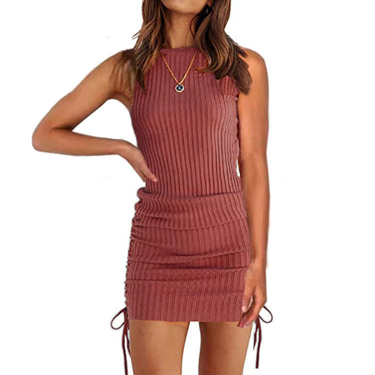 Ribbed Round Neck Sleeveless Ruched Bodycon Mini Dress