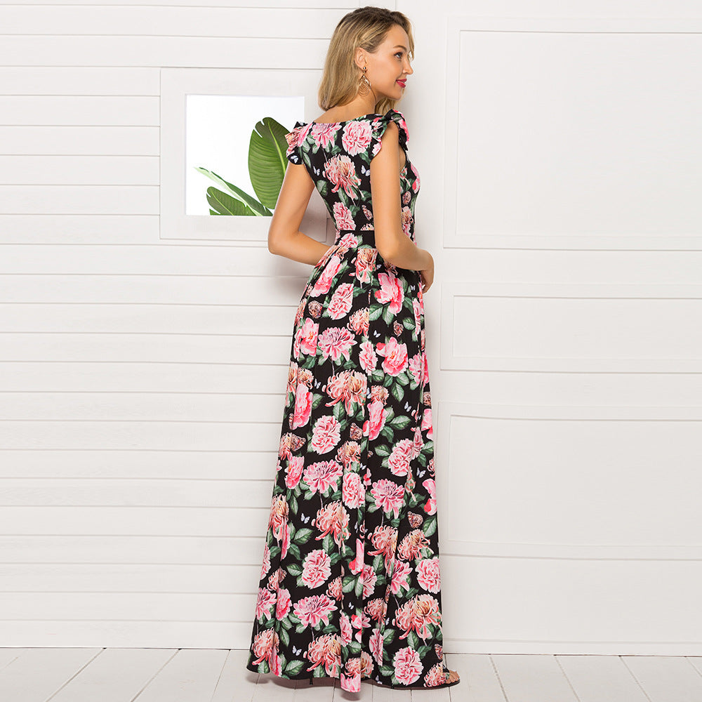 Floral Print Square Neck Ruffle Strap Fit & Flare Maxi Dress