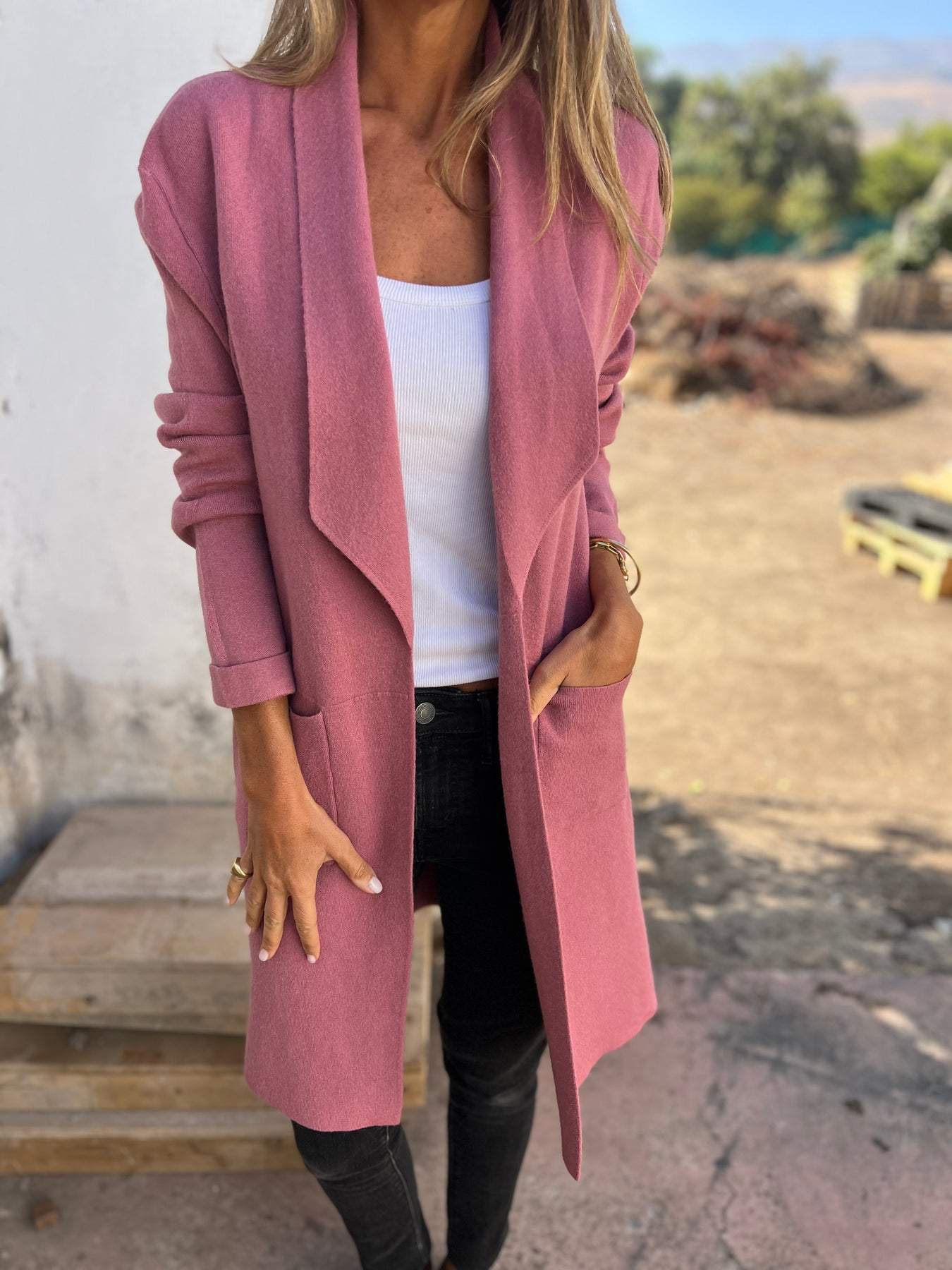 Lapel Solid Color Wool Cardigan with Long Pockets for Elegance